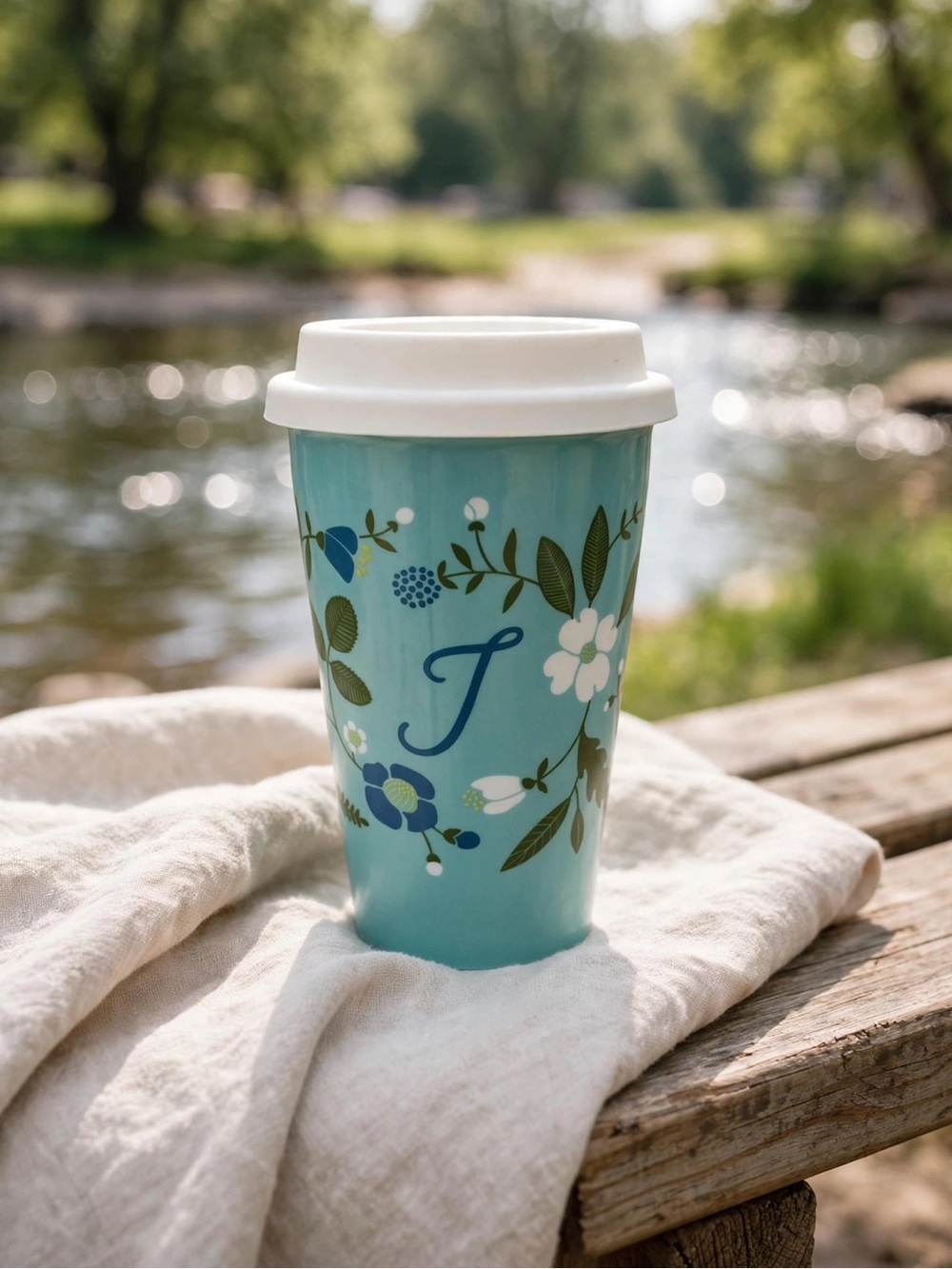 Indigo Monogram “J” Travel Mug